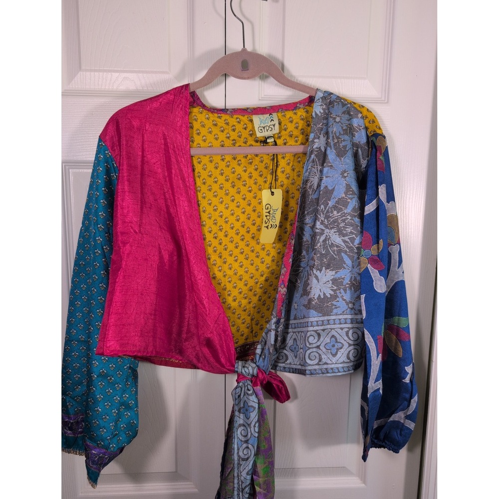 JADED GYPSY Colorful Patchwork Tie Wrap Boho Artsy Top Free Size NWT